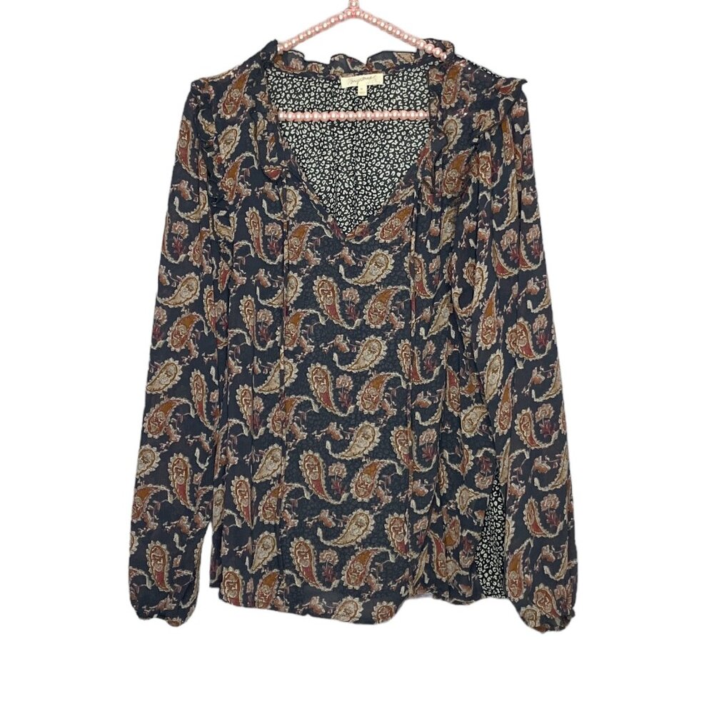 Anthropologie Medium M Mystree Blue Paisley Black Leopard Contrast‎ Ruffle Top